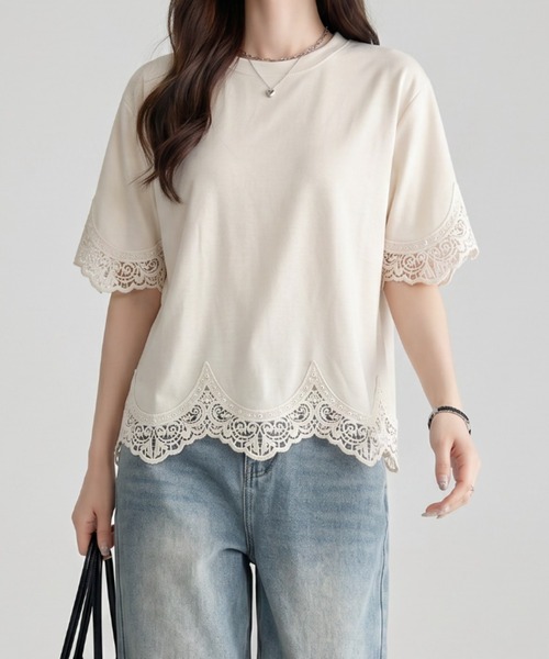 umune(ウムネ)の「カットソー 半袖 ケミカルレース 裾レース 袖レース クルーネック プルオーバー スカラップ フェミニン エレガント 夏(Tシャツ/カットソー・レディース・ライトベージュ/オフホワイト/ブラック・FREE)」の14枚目の写真