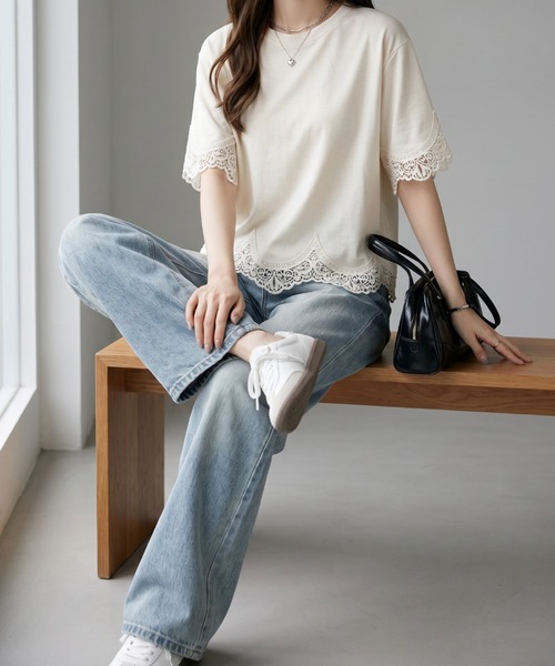 umune(ウムネ)の「カットソー 半袖 ケミカルレース 裾レース 袖レース クルーネック プルオーバー スカラップ フェミニン エレガント 夏(Tシャツ/カットソー・レディース・ライトベージュ/オフホワイト/ブラック・FREE)」の18枚目の写真