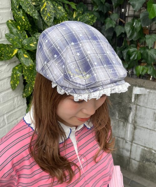HELLO.SANFRANCISCO(ハローサンフランシスコ)の「【HELLO.SANFRANCISCO】スターチェックレース付きハンチング(ハンチング/ベレー帽・レディース・ブラック/ピンク/ブルー・ONE SIZE)」の3枚目の写真