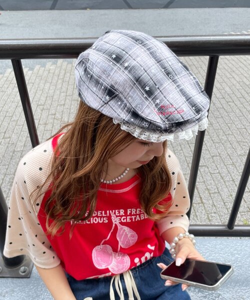 HELLO.SANFRANCISCO(ハローサンフランシスコ)の「【HELLO.SANFRANCISCO】スターチェックレース付きハンチング(ハンチング/ベレー帽・レディース・ブラック/ピンク/ブルー・ONE SIZE)」の13枚目の写真