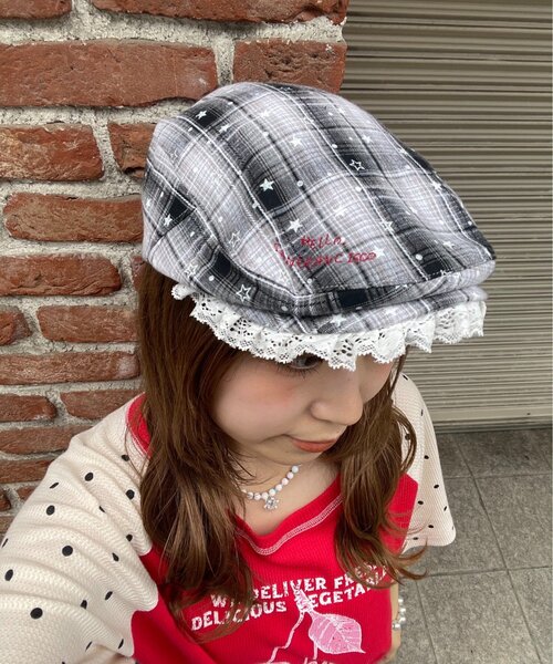 HELLO.SANFRANCISCO(ハローサンフランシスコ)の「【HELLO.SANFRANCISCO】スターチェックレース付きハンチング(ハンチング/ベレー帽・レディース・ブラック/ピンク/ブルー・ONE SIZE)」の15枚目の写真