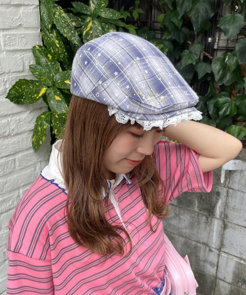 HELLO.SANFRANCISCO(ハローサンフランシスコ)の「【HELLO.SANFRANCISCO】スターチェックレース付きハンチング(ハンチング/ベレー帽・レディース・ブラック/ピンク/ブルー・ONE SIZE)」の4枚目の写真