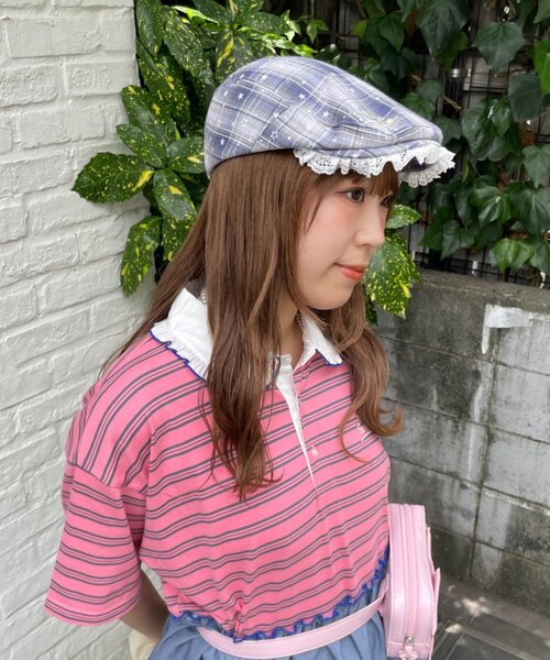 HELLO.SANFRANCISCO(ハローサンフランシスコ)の「【HELLO.SANFRANCISCO】スターチェックレース付きハンチング(ハンチング/ベレー帽・レディース・ブラック/ピンク/ブルー・ONE SIZE)」の5枚目の写真