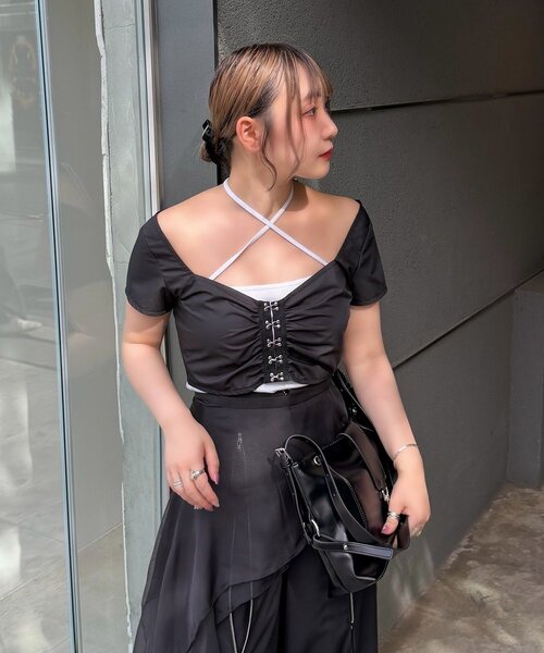 Mavie..7(メヴィセットゥ)の「【Mavie..7】インナーSET異素材カーディガン(シャツ/ブラウス・レディース・オフホワイト/ブラック・FREE)」の2枚目の写真