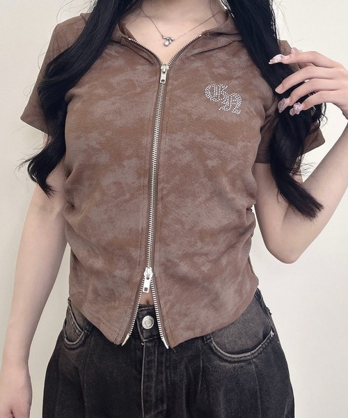 INGNI（イング）の「ムラ染めダブルジップフード付きリブトップス（Tシャツ/カットソー・レディース・ブラック/オフホワイト/ブラウン・M）」の3枚目の写真