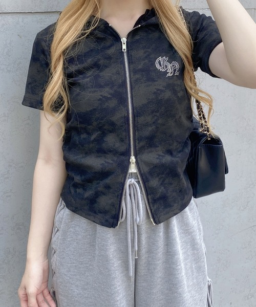 INGNI（イング）の「ムラ染めダブルジップフード付きリブトップス（Tシャツ/カットソー・レディース・ブラック/オフホワイト/ブラウン・M）」の17枚目の写真