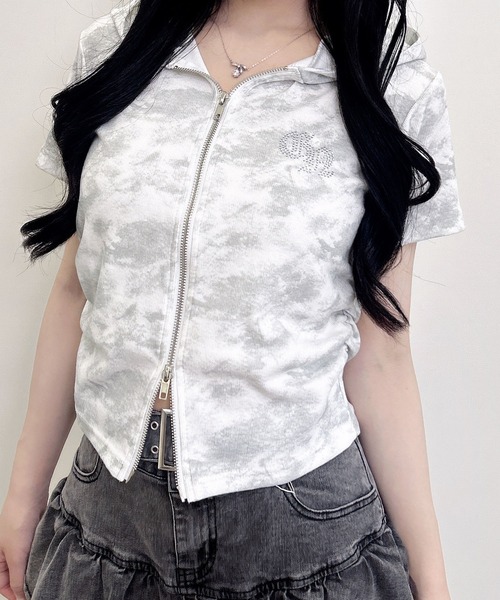 INGNI（イング）の「ムラ染めダブルジップフード付きリブトップス（Tシャツ/カットソー・レディース・ブラック/オフホワイト/ブラウン・M）」の10枚目の写真