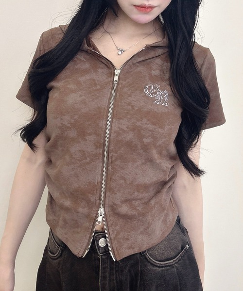 INGNI（イング）の「ムラ染めダブルジップフード付きリブトップス（Tシャツ/カットソー・レディース・ブラック/オフホワイト/ブラウン・M）」の4枚目の写真