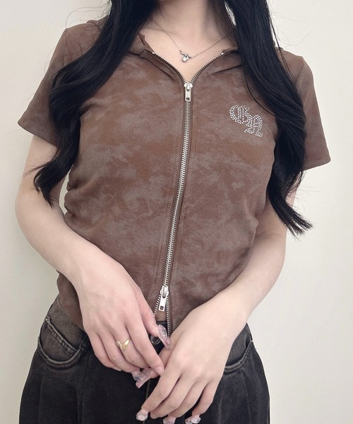 INGNI（イング）の「ムラ染めダブルジップフード付きリブトップス（Tシャツ/カットソー・レディース・ブラック/オフホワイト/ブラウン・M）」の5枚目の写真