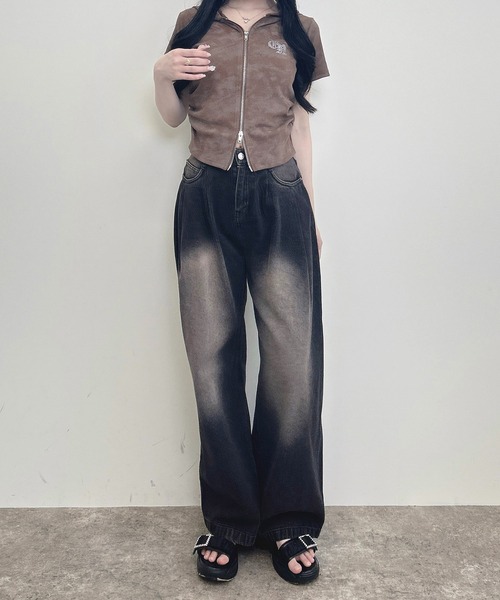 INGNI（イング）の「ムラ染めダブルジップフード付きリブトップス（Tシャツ/カットソー・レディース・ブラック/オフホワイト/ブラウン・M）」の8枚目の写真