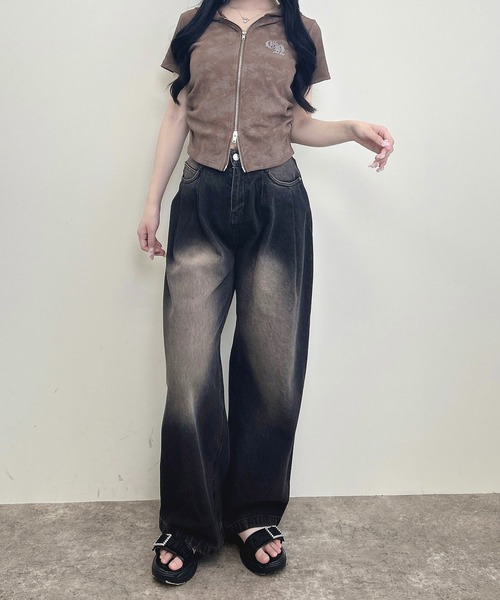 INGNI（イング）の「ムラ染めダブルジップフード付きリブトップス（Tシャツ/カットソー・レディース・ブラック/オフホワイト/ブラウン・M）」の9枚目の写真