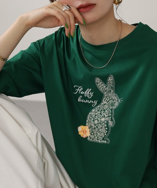BRODIAEA(ブローディア)の「BRODIAEA ラビットモチーフプリント7分袖Tシャツ(Tシャツ/カットソー・レディース・ダークグリーン/ブラック/オフホワイト・40)」の17枚目の写真