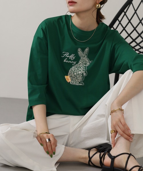 BRODIAEA(ブローディア)の「BRODIAEA ラビットモチーフプリント7分袖Tシャツ(Tシャツ/カットソー・レディース・ダークグリーン/ブラック/オフホワイト・40)」の19枚目の写真