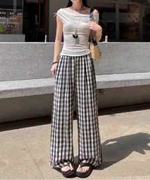 ぼかしチェック柄イージーワイドパンツ