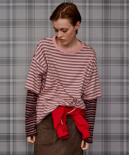 MAISON SPECIAL(メゾンスペシャル)の「Double Border T-Shirt/ダブルボーダーTシャツ(Tシャツ/カットソー・レディース・パープル/ピンク/ブラウン/グリーン・FREE)」の4枚目の写真