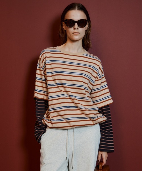 MAISON SPECIAL(メゾンスペシャル)の「Double Border T-Shirt/ダブルボーダーTシャツ(Tシャツ/カットソー・レディース・パープル/ピンク/ブラウン/グリーン・FREE)」の9枚目の写真