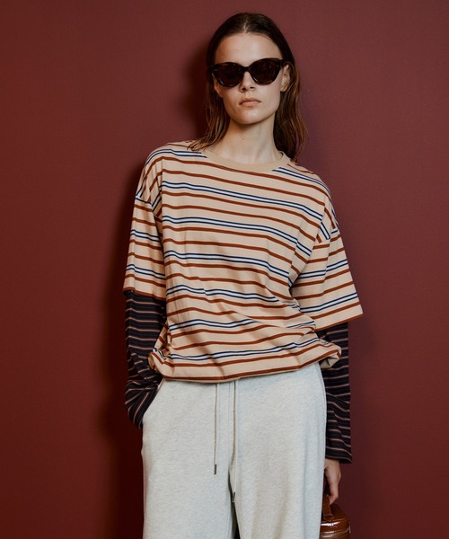 MAISON SPECIAL(メゾンスペシャル)の「Double Border T-Shirt/ダブルボーダーTシャツ(Tシャツ/カットソー・レディース・パープル/ピンク/ブラウン/グリーン・FREE)」の10枚目の写真