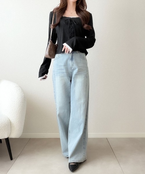 mily bilet（ミウィビレット）の「【mily bilet】一枚で決まる大人フェミニンスタイル。 レースドッキングリボンデザイントップス ドット（Tシャツ/カットソー・レディース・アイボリー系1/グレー系1・LARGE/SMALL/MEDIUM/X-LARGE）」の10枚目の写真