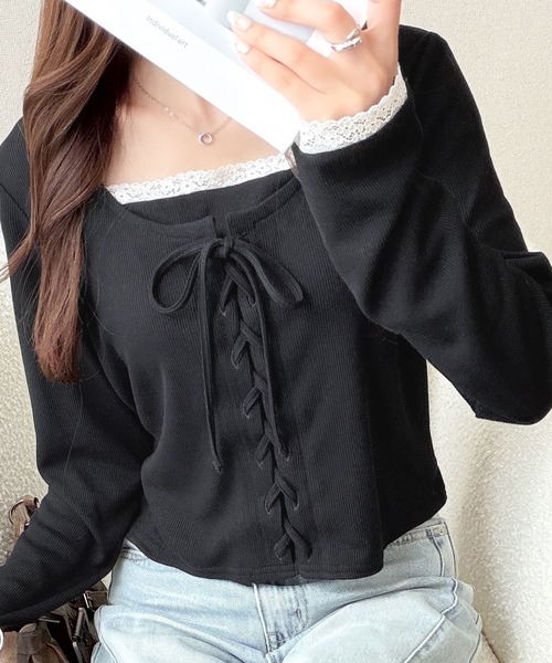 mily bilet（ミウィビレット）の「【mily bilet】一枚で決まる大人フェミニンスタイル。 レースドッキングリボンデザイントップス ドット（Tシャツ/カットソー・レディース・アイボリー系1/グレー系1・LARGE/SMALL/MEDIUM/X-LARGE）」の4枚目の写真