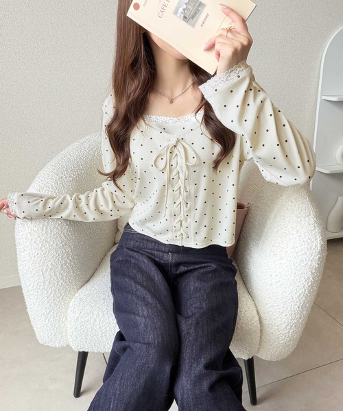 mily bilet（ミウィビレット）の「【mily bilet】一枚で決まる大人フェミニンスタイル。 レースドッキングリボンデザイントップス ドット（Tシャツ/カットソー・レディース・アイボリー系1/グレー系1・LARGE/SMALL/MEDIUM/X-LARGE）」の18枚目の写真