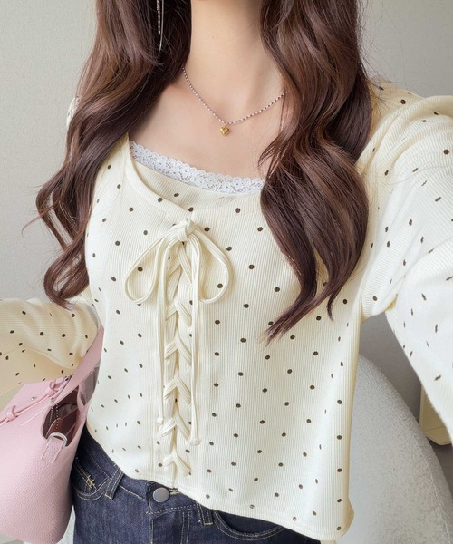 mily bilet（ミウィビレット）の「【mily bilet】一枚で決まる大人フェミニンスタイル。 レースドッキングリボンデザイントップス ドット（Tシャツ/カットソー・レディース・アイボリー系1/グレー系1・LARGE/SMALL/MEDIUM/X-LARGE）」の17枚目の写真