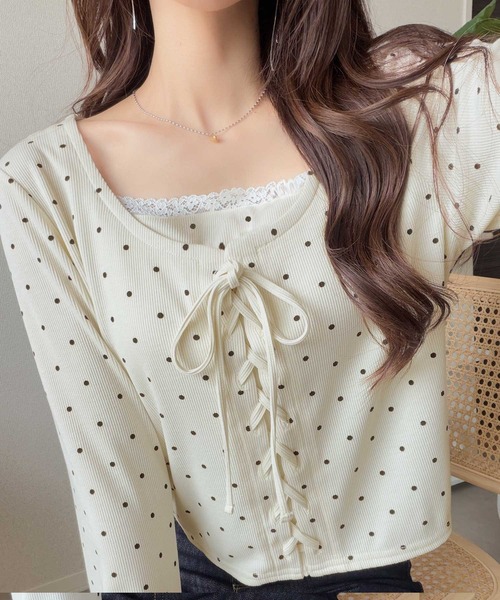 mily bilet（ミウィビレット）の「【mily bilet】一枚で決まる大人フェミニンスタイル。 レースドッキングリボンデザイントップス ドット（Tシャツ/カットソー・レディース・アイボリー系1/グレー系1・LARGE/SMALL/MEDIUM/X-LARGE）」の15枚目の写真