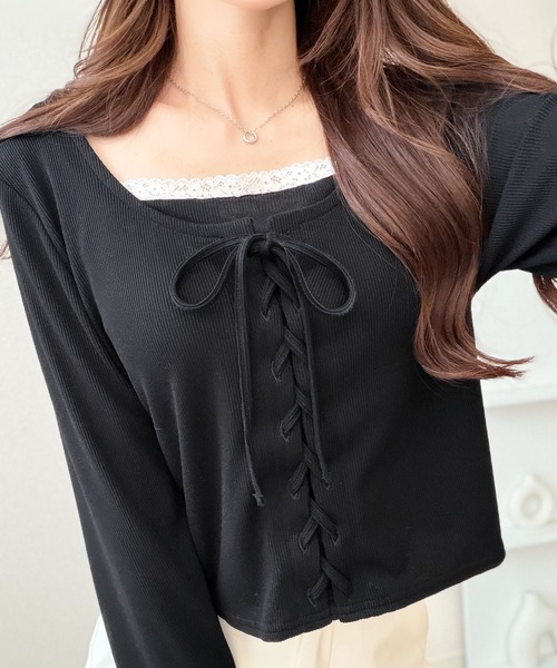 mily bilet（ミウィビレット）の「【mily bilet】一枚で決まる大人フェミニンスタイル。 レースドッキングリボンデザイントップス ドット（Tシャツ/カットソー・レディース・アイボリー系1/グレー系1・LARGE/SMALL/MEDIUM/X-LARGE）」の3枚目の写真