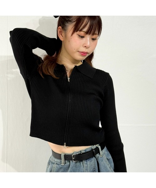 owen(オーウェン)の「スリムジップアップ ニットカーディガン ショートトップス カットソー ロングTシャツ(カーディガン/ボレロ・レディース・ブラック/ホワイト・ONE SIZE)」の8枚目の写真