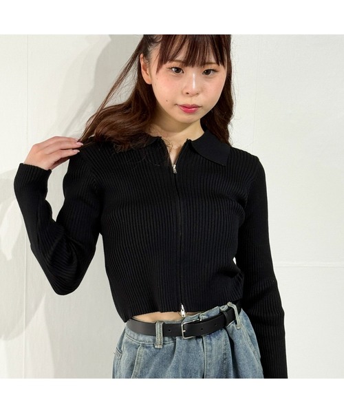 owen(オーウェン)の「スリムジップアップ ニットカーディガン ショートトップス カットソー ロングTシャツ(カーディガン/ボレロ・レディース・ブラック/ホワイト・ONE SIZE)」の9枚目の写真