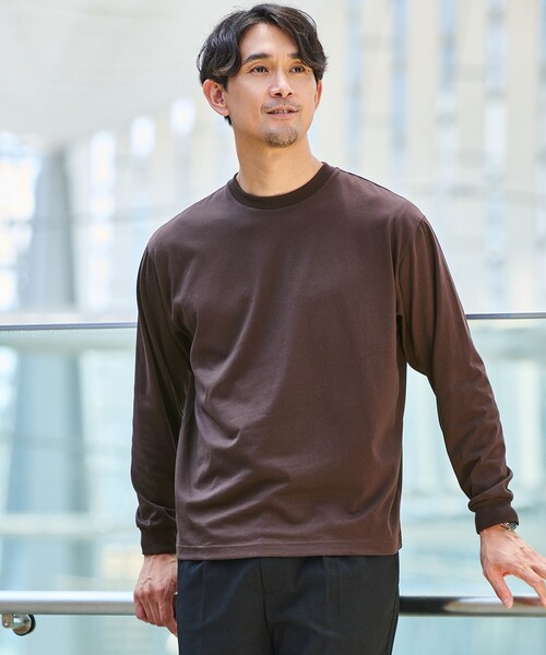 green label relaxing(グリーンレーベルリラクシング)の「【WEB限定】JUST fit デイリー ワイド 長袖 Tシャツ -吸水速乾・抗菌-(Tシャツ/カットソー・メンズ・ダークブラウン/ホワイト/ライトグレー/ネイビー/ブラック/ダークグレー/モカ・XL/S/M/L)」の5枚目の写真