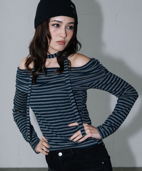 3.3 Field Trip (3.3フィールドトリップ)の「3.3 Field Trip/ストール付きボーダーオフショル(Tシャツ/カットソー・レディース・ブラック/ネイビー/ボルドー・FREE)」の3枚目の写真
