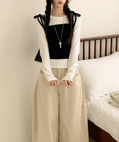 VIVID LADY(ビビッドレディー)の「ドットロンT×リボンキャミトップス 2点セット(アンサンブル・レディース・ブラック/チャコールグレー/アイボリー・FREE)」の21枚目の写真