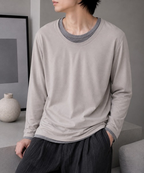 UP START（アップスタート）の「【Bls】 【ZM】【Bling Leads】レイヤード風 UネックロンTEE(BL)（Tシャツ/カットソー・メンズ・グレイッシュベージュ/その他/ホワイト/チャコールグレー/ブラック・LARGE/X-LARGE）」の4枚目の写真