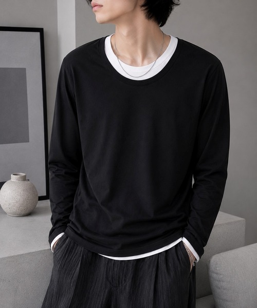 UP START（アップスタート）の「【Bls】 【ZM】【Bling Leads】レイヤード風 UネックロンTEE(BL)（Tシャツ/カットソー・メンズ・グレイッシュベージュ/その他/ホワイト/チャコールグレー/ブラック・LARGE/X-LARGE）」の2枚目の写真