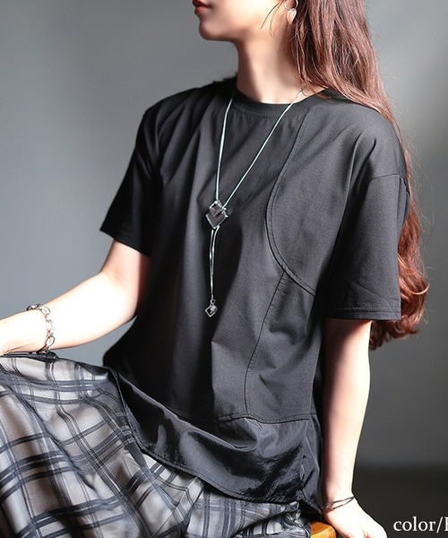 GOLDJAPAN(ゴールドジャパン)の「異素材&アシメ切り替えプルオーバー【大きいサイズ対応】(Tシャツ/カットソー・レディース・ブラック/ホワイト・LL/3L/4L/5L)」の1枚目の写真