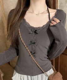 ホルターネック レース リボン長袖Tシャツ