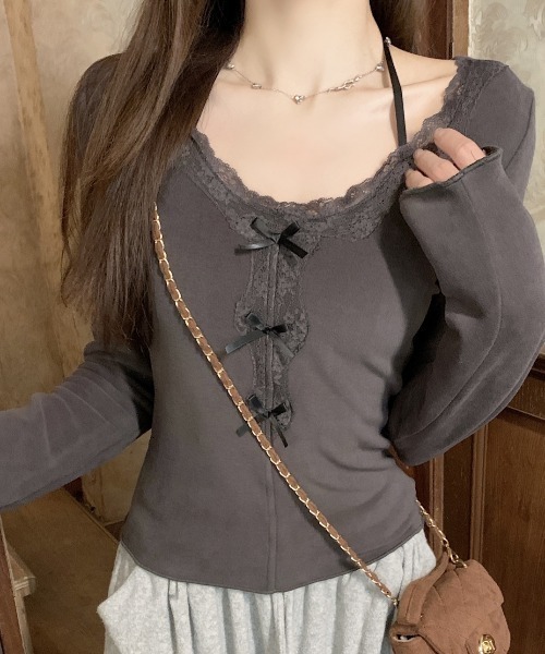 AMAJI(アマジ)の「ホルターネック レース リボン長袖Tシャツ(Tシャツ/カットソー・レディース・グレー/ベージュ・SMALL/MEDIUM/LARGE/X-LARGE)」の4枚目の写真