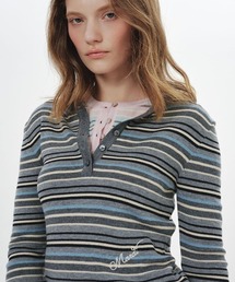 SLIM HENLEY KNIT TOP MULTI STRIPE / スリム ヘンリー ニット トップ マルチ ストライプ
