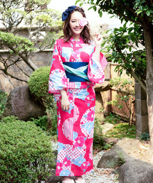 KOBE LETTUCE | 周囲と差がつくアンティークstyle！[ゆかた/作り帯2点Set]レトロモダン系☆夏恋浴衣/花火大会/大正モダン/ストライプ柄/花柄/レディース[X331](浴衣)