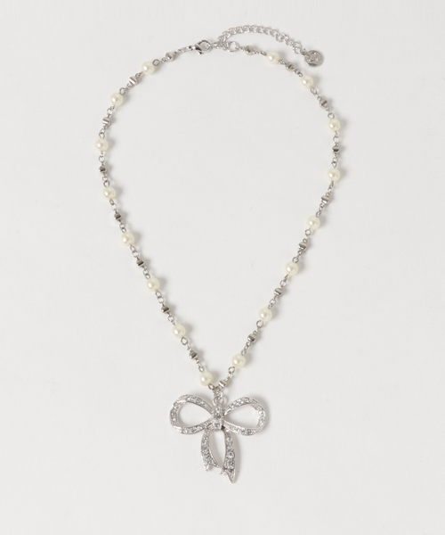 Dear Princess ディアプリンセス の ラインストーン リボンモチーフペンダントトップ パールチェーンネックレス ネックレス Wear
