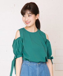 [ギンガムチェック柄/無地]袖口リボンオープンショルダーブラウス/レディーストップス[C3203]神戸レタス