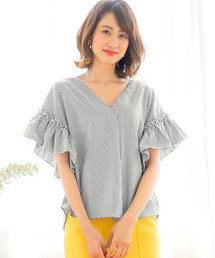 Pierrot | フリル切り替え Vネックブラウス/ストライプ柄orギンガムチェック柄/袖コンブラウス(シャツ/ブラウス)