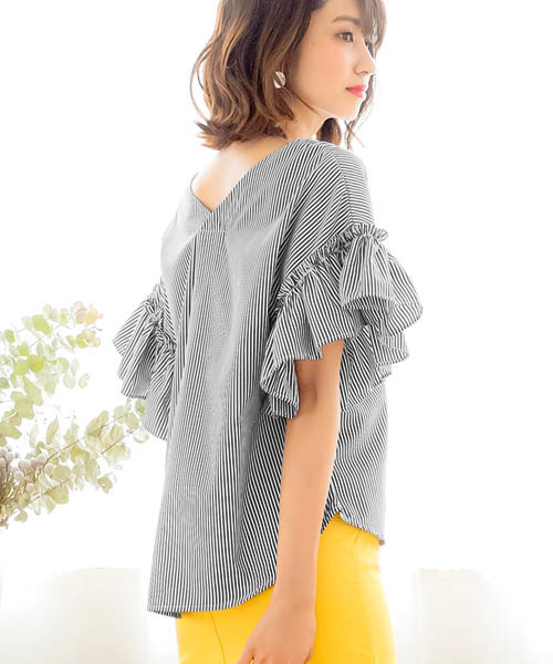 Pierrot（ピエロ）の「フリル切り替え Vネックブラウス/ストライプ柄orギンガムチェック柄/袖コンブラウス（シャツ/ブラウス・レディース・ブラック系その他/ブラック系その他2・M/L）」の11枚目の写真