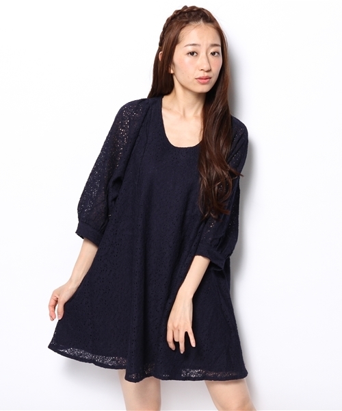 mystic（ミスティック）の「レースバルーン袖ワンピース（ワンピース・レディース・ベージュ/ラベンダー/オフホワイト/ブラック/グリーン/ネイビー・ﾌﾘ-）」の6枚目の写真