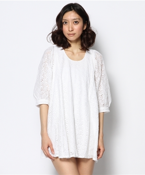 mystic（ミスティック）の「レースバルーン袖ワンピース（ワンピース・レディース・ベージュ/ラベンダー/オフホワイト/ブラック/グリーン/ネイビー・ﾌﾘ-）」の7枚目の写真