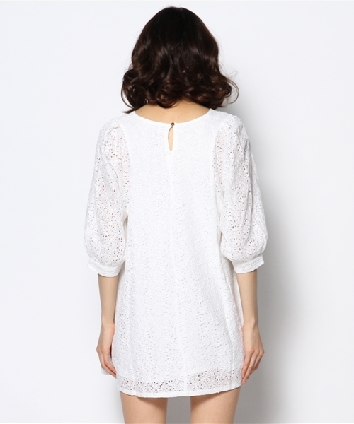 mystic（ミスティック）の「レースバルーン袖ワンピース（ワンピース・レディース・ベージュ/ラベンダー/オフホワイト/ブラック/グリーン/ネイビー・ﾌﾘ-）」の11枚目の写真