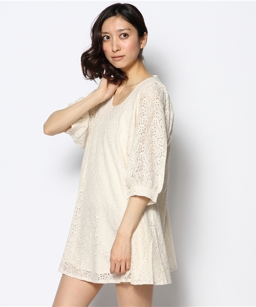 mystic（ミスティック）の「レースバルーン袖ワンピース（ワンピース・レディース・ベージュ/ラベンダー/オフホワイト/ブラック/グリーン/ネイビー・ﾌﾘ-）」の19枚目の写真