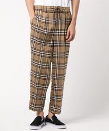 先染めチェック無地ストレッチテーパードワイドパンツ