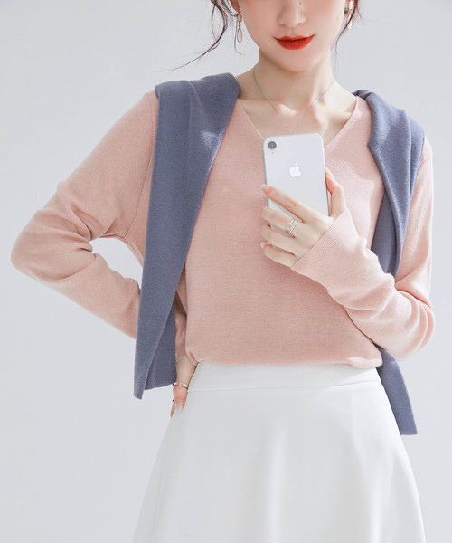 SAISON DE PAPILLON(セゾンドパピヨン)の「ウール混Vネックシンプルドロップショルダーニットトップス(ニット/セーター・レディース・ブルー/コーラル/ピンク/イエロー/オレンジ/ホワイト/ブラック/グレー/グリーン/ライトグレー/ブラウン・M/L/S)」の10枚目の写真