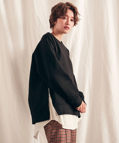 LIPSTAR(リップスター)の「ダンボールニットZIPスリットカットソー(Tシャツ/カットソー)」|ブラック